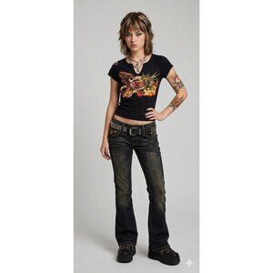 Y2K Old Skool Tattoo Graphic Black Short Sleeve T-shirt Medium Rhinestones